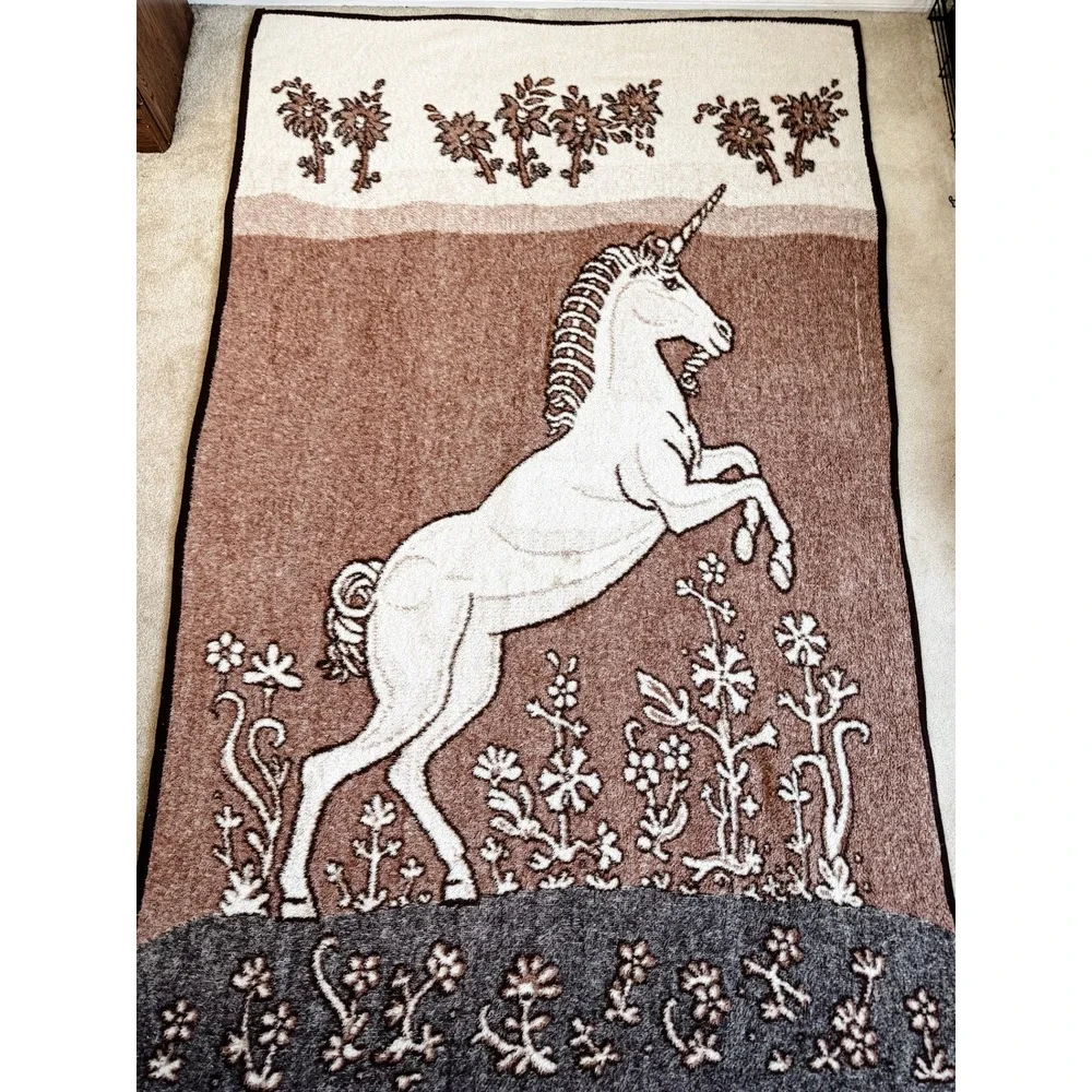 Vintage Reversible Unicorn Throw Blanket Floral Cottagecore Brown 84 x 52 Plush